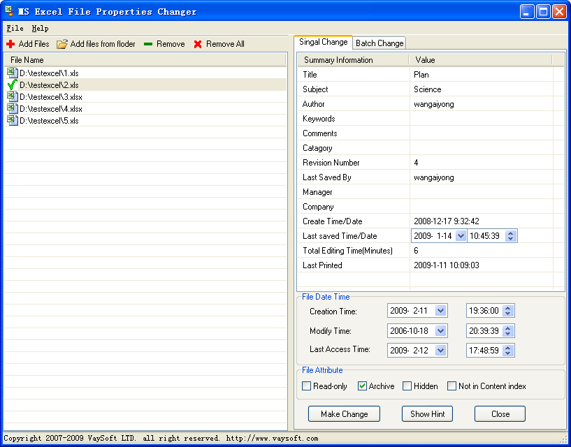 Click to view MS Excel File Properties Changer 3.16 screenshot