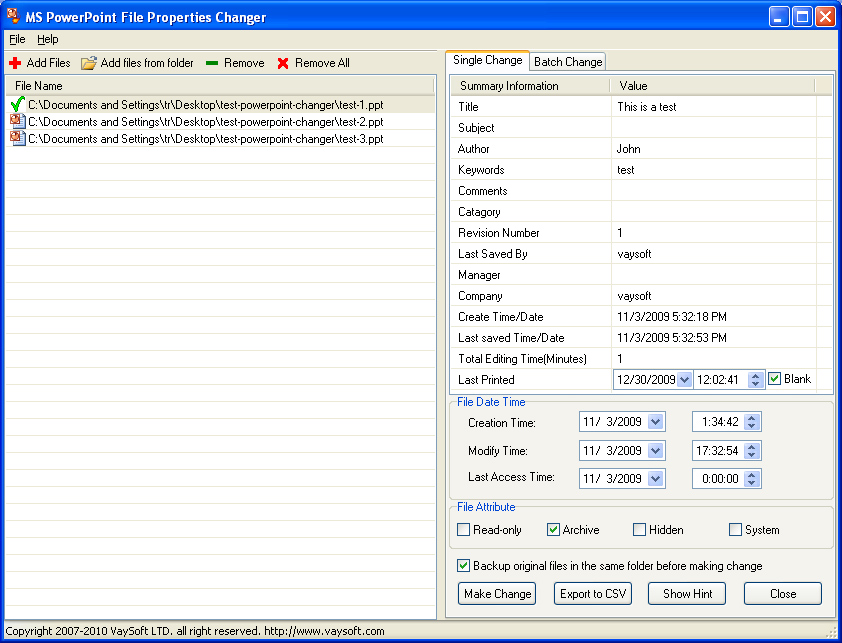 MS PowerPoint File Properties Changer screen shot