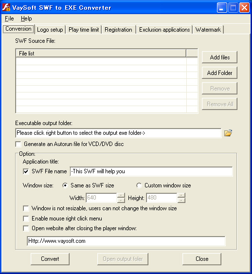 Click to view VaySoft SWF to EXE Converter 6.23 screenshot